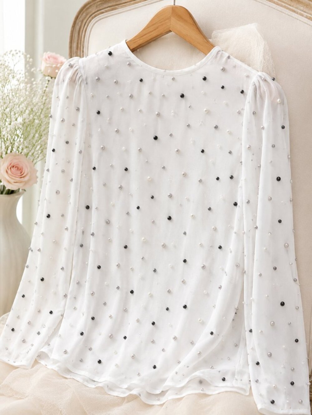 STYLE Pearl Beaded Sheer Blouse White Long Sleeve Romantic Evening Top Medium